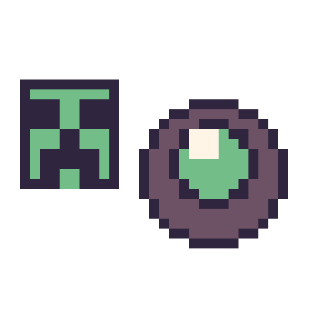 Modèle de pixel art Creeper Minecraft 16 × 16 et Perle ender Minecraft 16 × 16 sur une grille de 32 par 32 cases