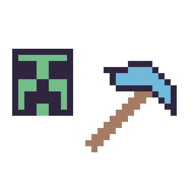 Modèle de pixel art Creeper Minecraft 16 × 16 et Pioche diamant Minecraft 16 × 16 sur une grille de 32 par 32 cases