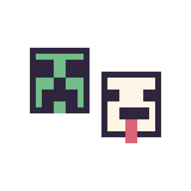 Modèle de pixel art Creeper Minecraft 16 × 16 et Poule Minecraft 16 × 16 sur une grille de 32 par 32 cases