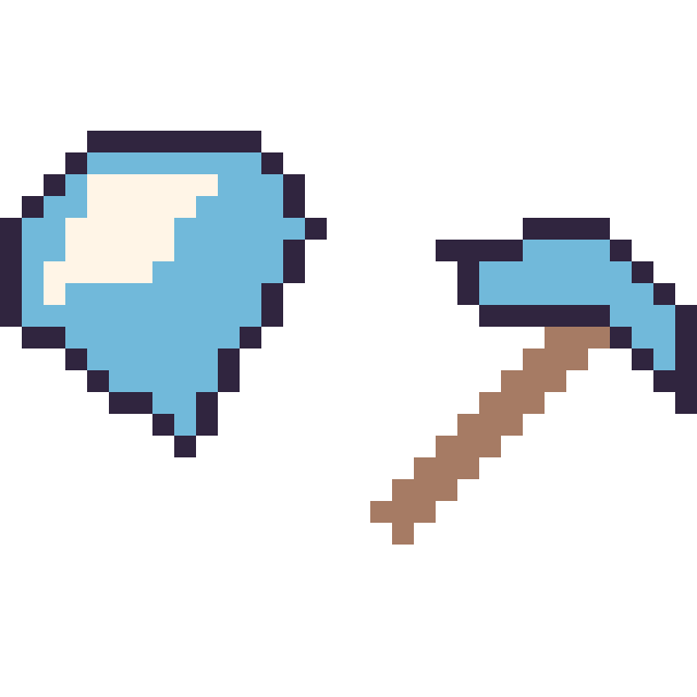 Modèle de pixel art Diamant Minecraft 16 × 16 et Pioche diamant Minecraft 16 × 16 sur une grille de 32 par 32 cases