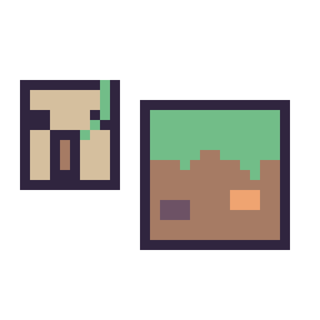 Modèle de pixel art Golem de fer Minecraft 16 × 16 et Bloc herbe Minecraft 16 × 16 sur une grille de 32 par 32 cases