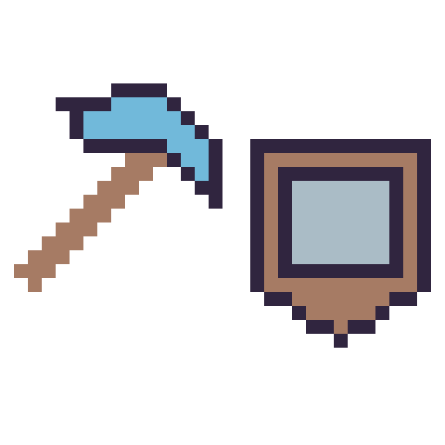Modèle de pixel art Pioche diamant Minecraft 16 × 16 et Bouclier Minecraft 16 × 16 sur une grille de 32 par 32 cases