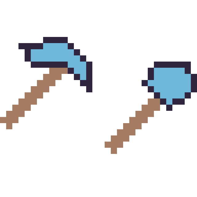 Modèle de pixel art Pioche diamant Minecraft 16 × 16 et Pelle diamant Minecraft 16 × 16 sur une grille de 32 par 32 cases