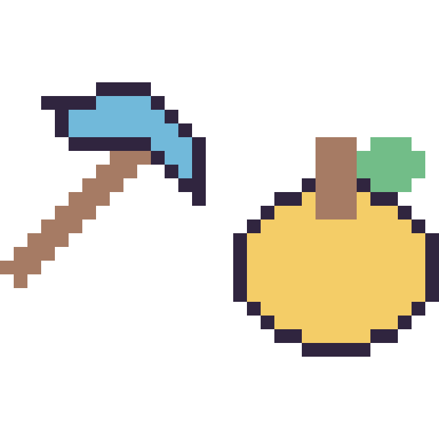 Modèle de pixel art Pioche diamant Minecraft 16 × 16 et Pomme doree Minecraft 16 × 16 sur une grille de 32 par 32 cases