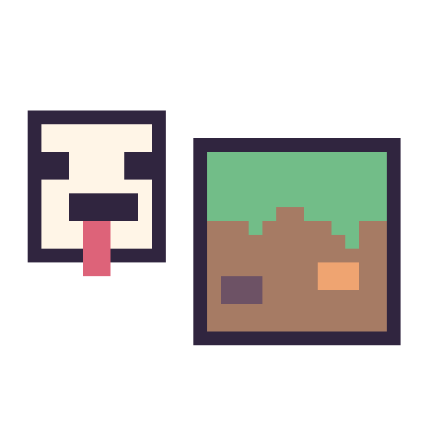 Modèle de pixel art Poule Minecraft 16 × 16 et Bloc herbe Minecraft 16 × 16 sur une grille de 32 par 32 cases