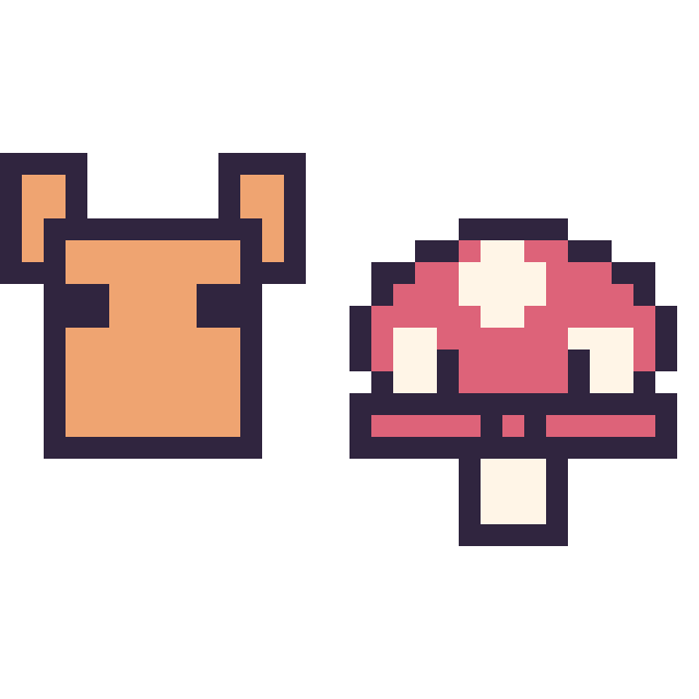Modèle de pixel art Renard Minecraft 16 × 16 et Champignon kawaii 16 × 16 sur une grille de 32 par 32 cases