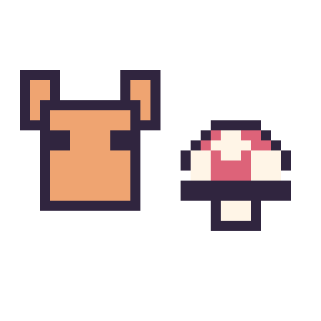 Modèle de pixel art Renard Minecraft 16 × 16 et Champignon simple 12 × 12 sur une grille de 32 par 32 cases