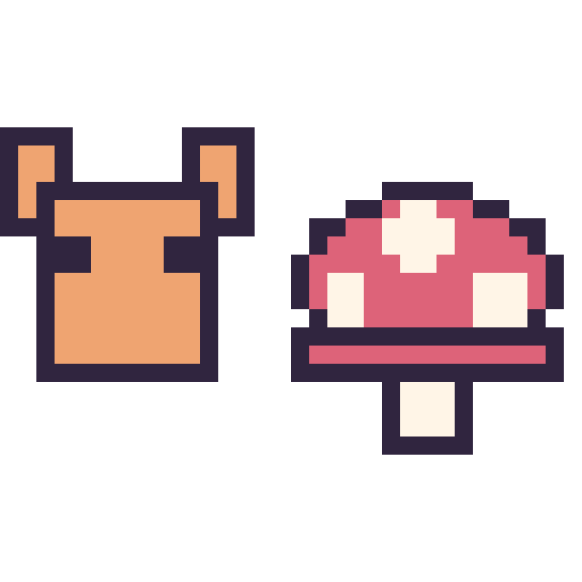 Modèle de pixel art Renard Minecraft 16 × 16 et Champignon simple 16 × 16 sur une grille de 32 par 32 cases