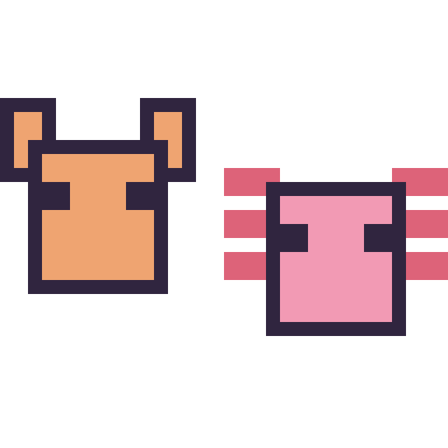 Modèle de pixel art Renard Minecraft 16 × 16 et Axolotl Minecraft 16 × 16 sur une grille de 32 par 32 cases