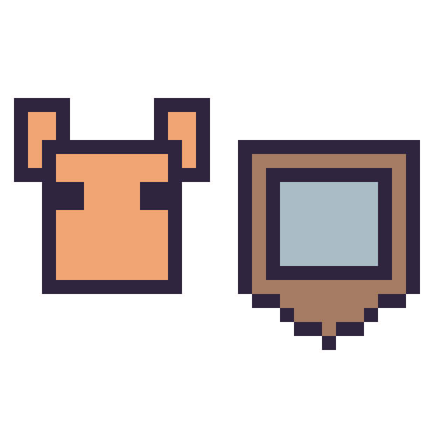Modèle de pixel art Renard Minecraft 16 × 16 et Bouclier Minecraft 16 × 16 sur une grille de 32 par 32 cases