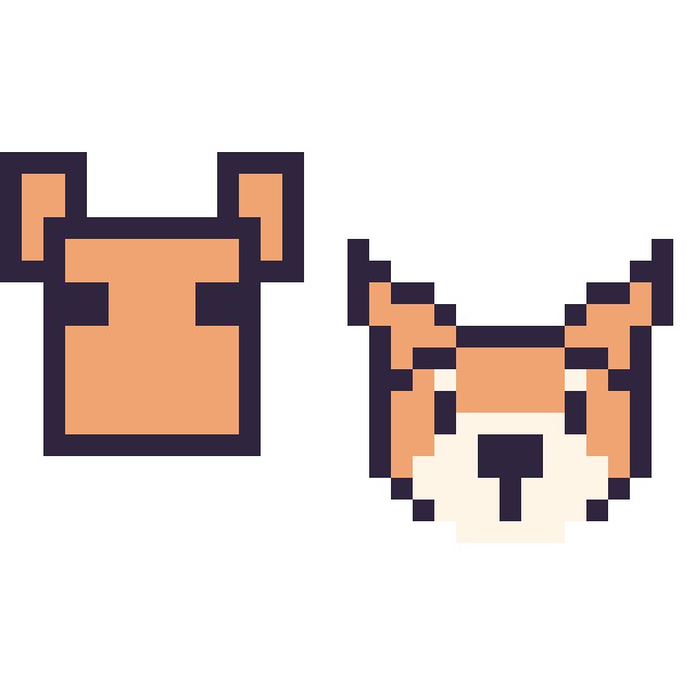 Modèle de pixel art Renard Minecraft 16 × 16 et Renard en portrait sur une grille de 32 par 32 cases