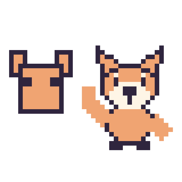 Modèle de pixel art Renard Minecraft 16 × 16 et Renard qui fait coucou sur une grille de 40 par 40 cases