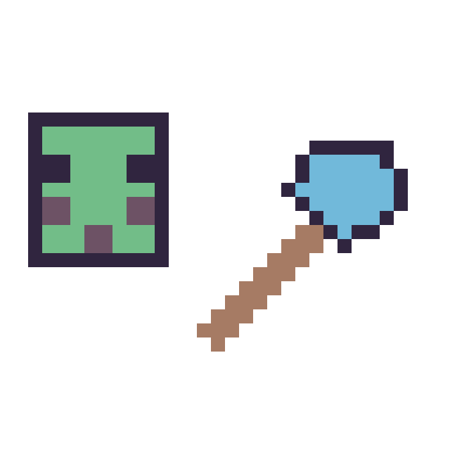 Modèle de pixel art Slime Minecraft 16 × 16 et Pelle diamant Minecraft 16 × 16 sur une grille de 32 par 32 cases