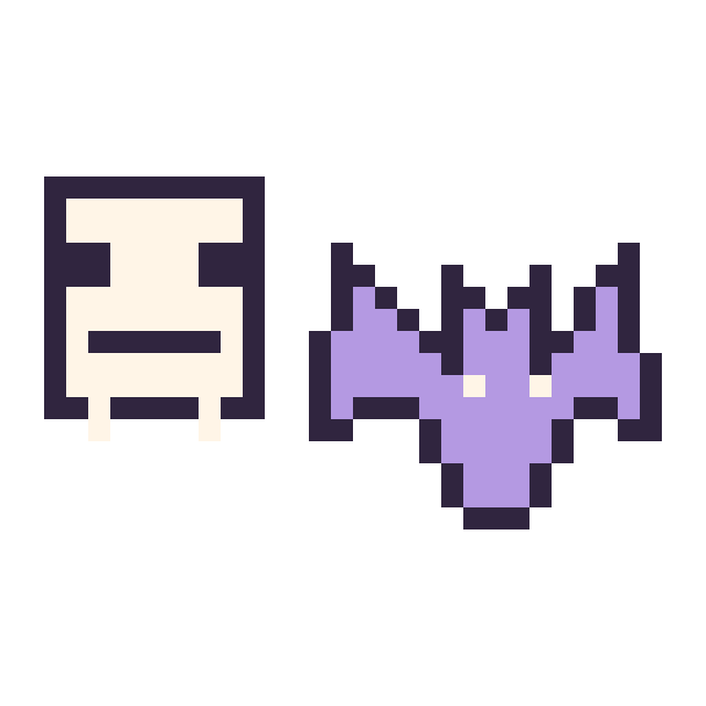 Modèle de pixel art Squelette Minecraft 16 × 16 et Chauve-souris simple 16 × 16 sur une grille de 32 par 32 cases