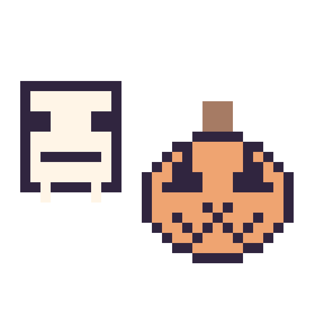 Modèle de pixel art Squelette Minecraft 16 × 16 et Citrouille d'Halloween kawaii 16 × 16 sur une grille de 32 par 32 cases