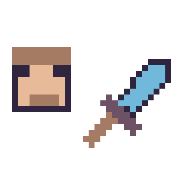 Modèle de pixel art Steve Minecraft 16 × 16 et Epee diamant Minecraft 16 × 16 sur une grille de 32 par 32 cases