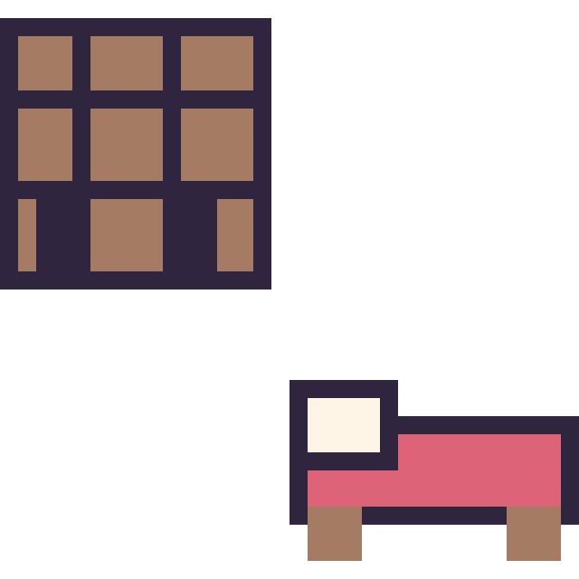 Modèle de pixel art Table craft Minecraft 16 × 16 et Lit Minecraft 16 × 16 sur une grille de 32 par 32 cases