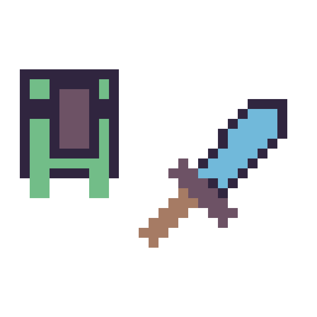 Modèle de pixel art Tortue Minecraft 16 × 16 et Epee diamant Minecraft 16 × 16 sur une grille de 32 par 32 cases