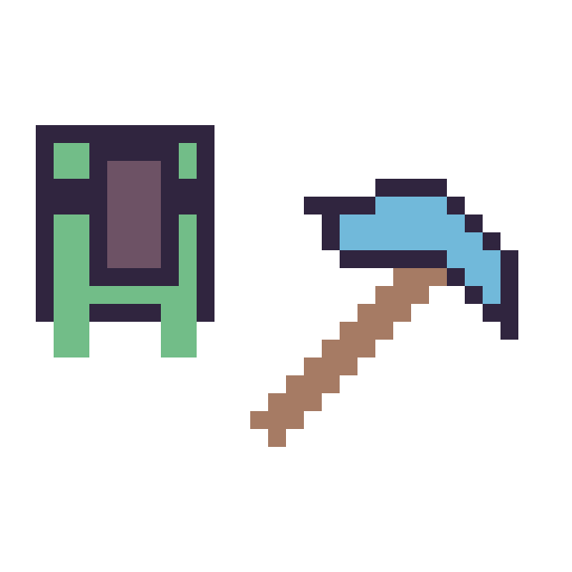 Modèle de pixel art Tortue Minecraft 16 × 16 et Pioche diamant Minecraft 16 × 16 sur une grille de 32 par 32 cases