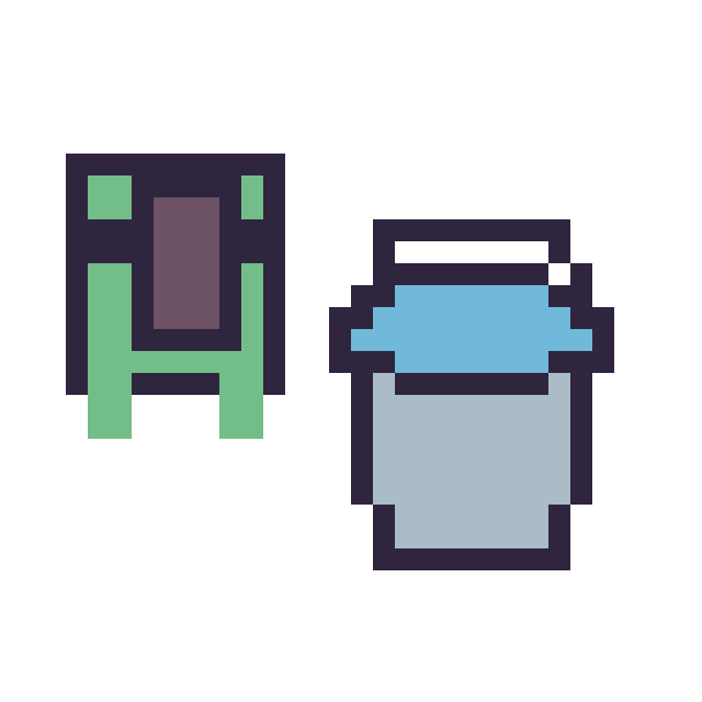Modèle de pixel art Tortue Minecraft 16 × 16 et Seau eau Minecraft 16 × 16 sur une grille de 32 par 32 cases