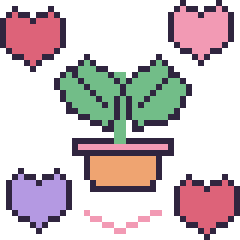 Pixel art Monstera avec des cœurs, grille 40 × 40