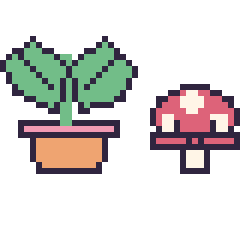 Pixel art Monstera et Champignon kawaii 16 × 16, grille 40 × 40