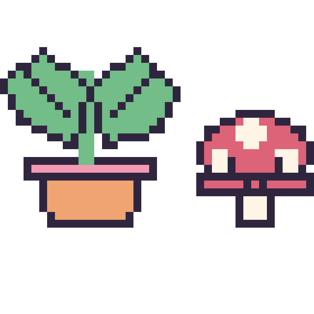 Modèle de pixel art Monstera et Champignon kawaii 16 × 16 sur une grille de 40 par 40 cases