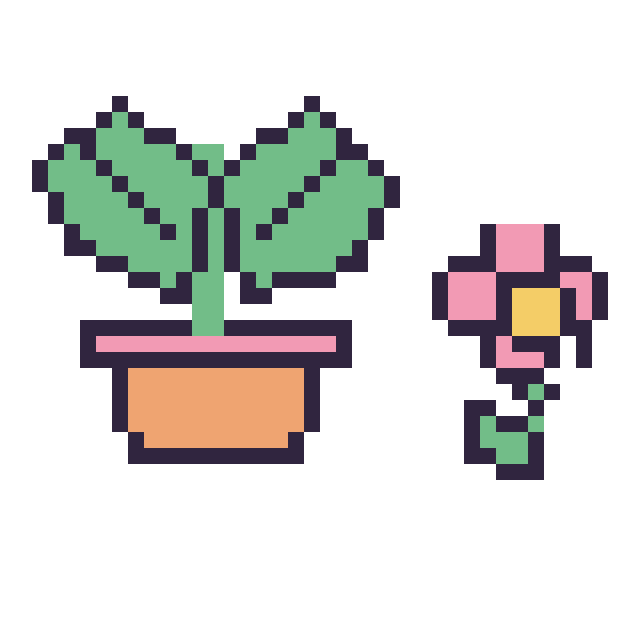 Modèle de pixel art Monstera et Fleur kawaii 16 × 16 sur une grille de 40 par 40 cases