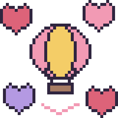 Pixel art Montgolfière avec des cœurs, grille 40 × 40