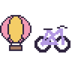 Pixel art Montgolfière et Vélo, grille 48 × 48