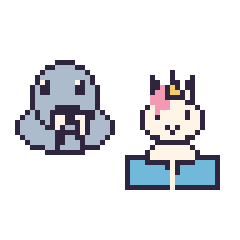 Pixel art Morse et Licorne avec un livre, grille 48 × 48