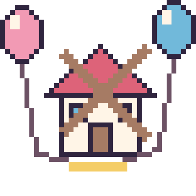 Modèle de pixel art Moulin avec des ballons sur une grille de 40 par 40 cases