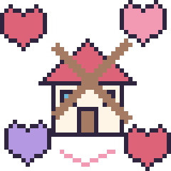 Pixel art Moulin avec des cœurs, grille 40 × 40