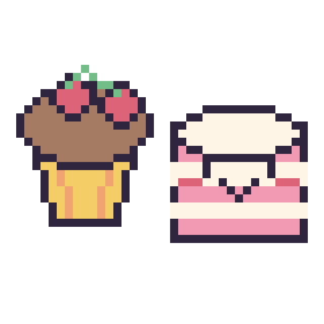 Modèle de pixel art Muffin avec des cerises et Gâteau kawaii sur une grille de 40 par 40 cases
