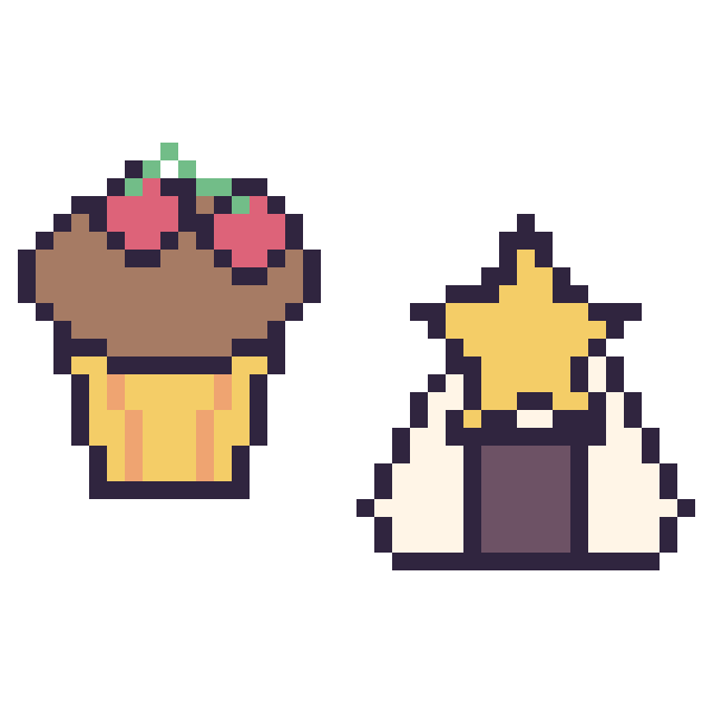 Modèle de pixel art Muffin avec des cerises et Onigiri avec une étoile sur une grille de 40 par 40 cases