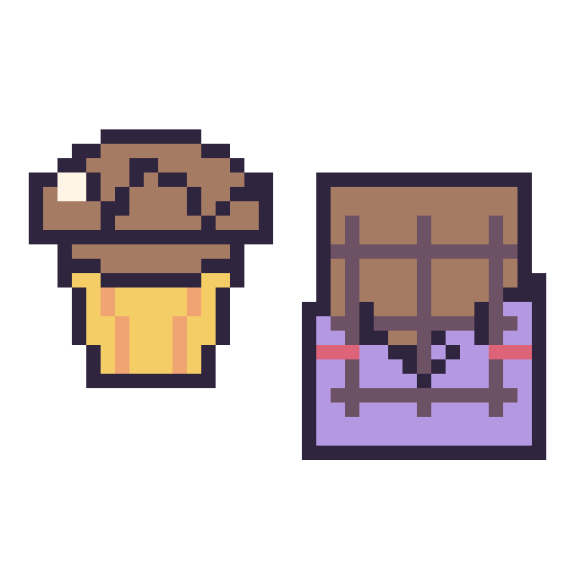 Modèle de pixel art Muffin au chocolat et Chocolat kawaii sur une grille de 40 par 40 cases