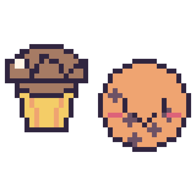 Modèle de pixel art Muffin au chocolat et Cookie kawaii sur une grille de 40 par 40 cases