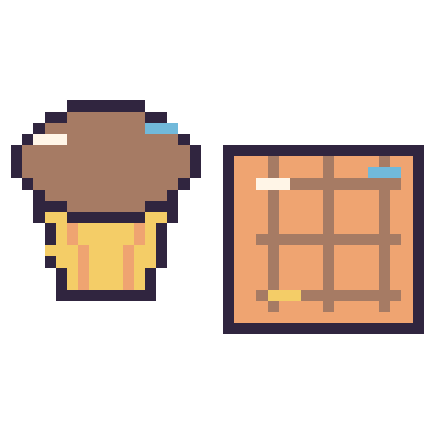 Modèle de pixel art Muffin décoré et Gaufre décoré sur une grille de 40 par 40 cases