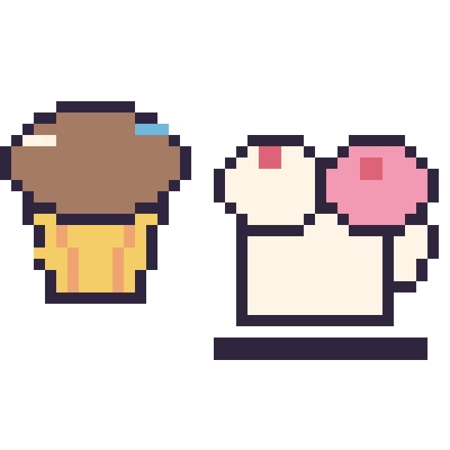 Modèle de pixel art Muffin décoré et Tasse de thé double garniture sur une grille de 40 par 40 cases