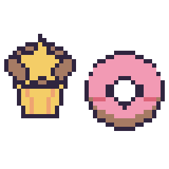 Pixel art Muffin avec une étoile et Donut kawaii, grille 40 × 40