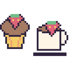 Pixel art Muffin avec une fraise et Tasse de thé avec une fraise, grille 40 × 40