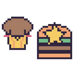 Pixel art Muffin kawaii et Burger avec une étoile, grille 40 × 40