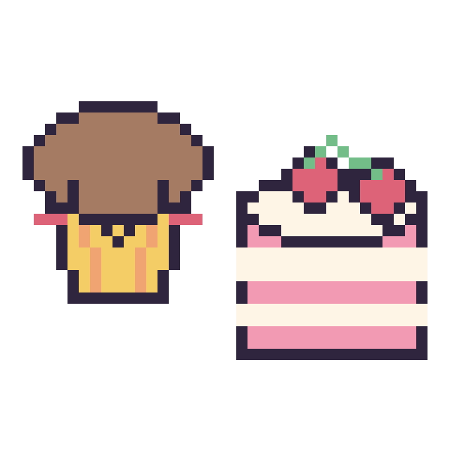Modèle de pixel art Muffin kawaii et Gâteau avec des cerises sur une grille de 40 par 40 cases