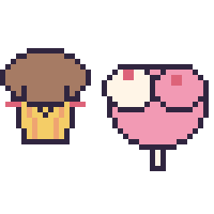 Pixel art Muffin kawaii et Sucette double garniture, grille 40 × 40