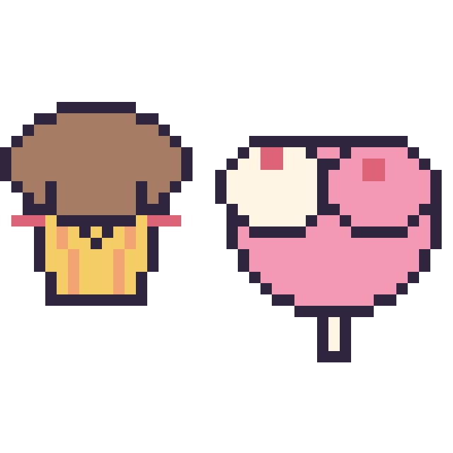 Modèle de pixel art Muffin kawaii et Sucette double garniture sur une grille de 40 par 40 cases