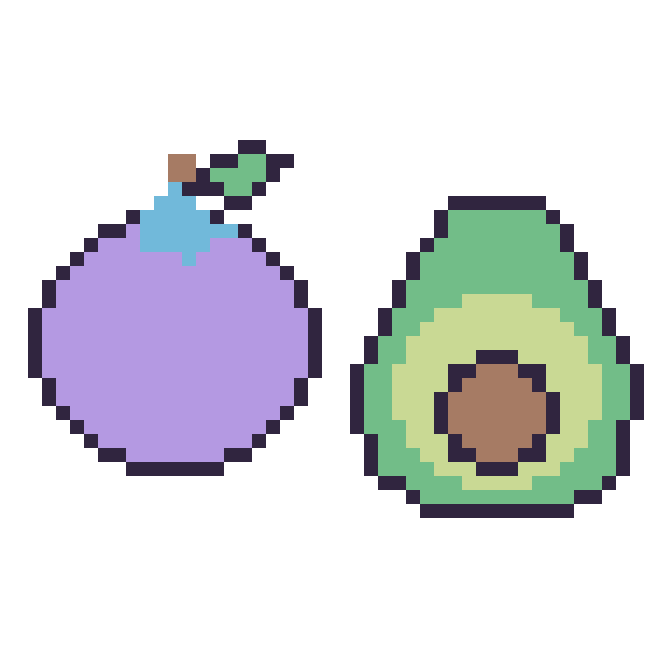 Modèle de pixel art Myrtille et Avocat sur une grille de 48 par 48 cases