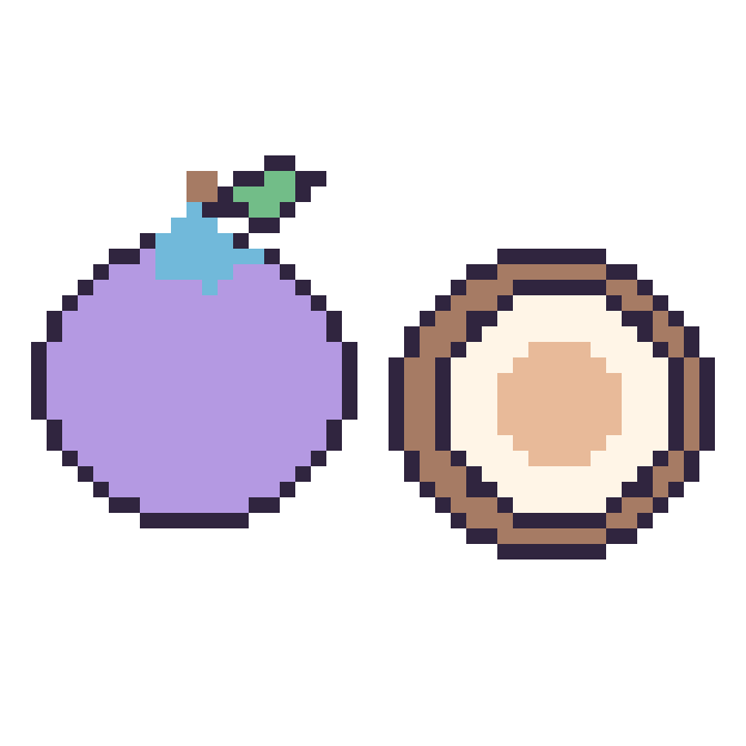 Modèle de pixel art Myrtille et Noix de coco sur une grille de 48 par 48 cases