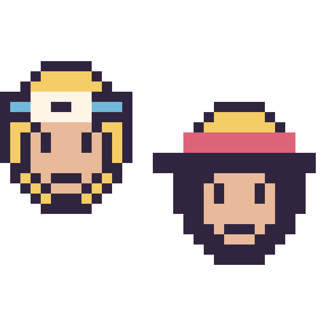 Modèle de pixel art Naruto mini et Luffy mini sur une grille de 32 par 32 cases