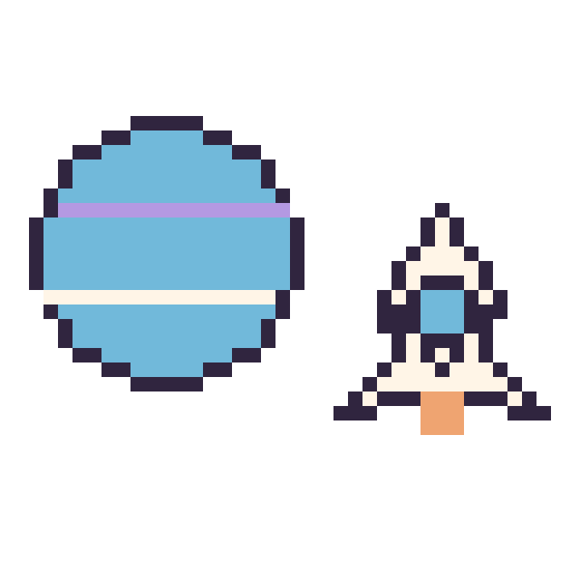 Modèle de pixel art Neptune et Fusée kawaii 16 × 16 sur une grille de 40 par 40 cases