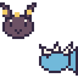 Pixel art Noctali mini et Aquali mini, grille 32 × 32